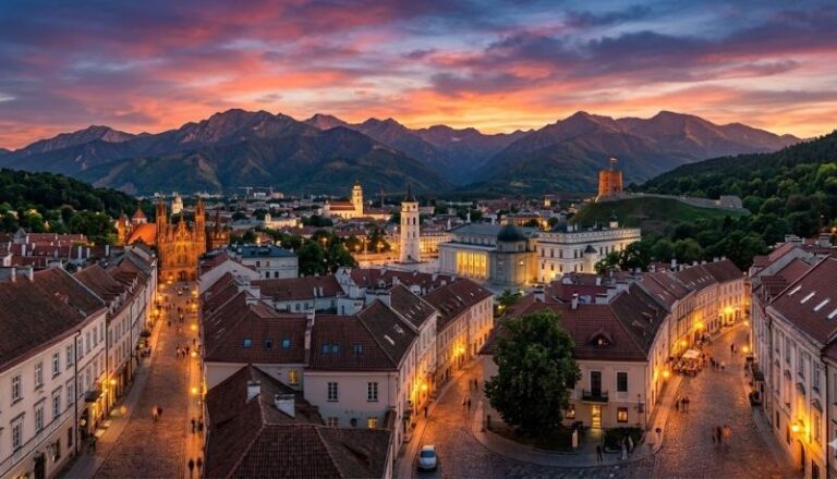 Sunset over a European town: red-tiled roofs, lit streets, and distant mountains.