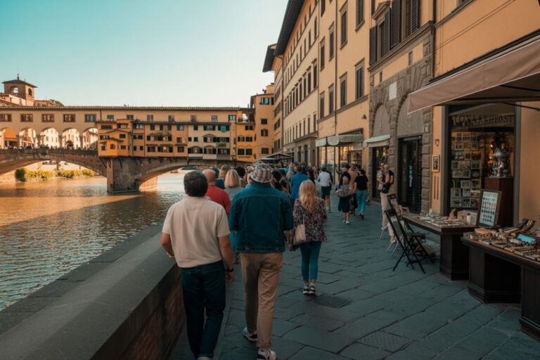 Crowded riverside promenade in a European town, with colorful buildings, a stone bridge, and souvenir stalls along the water edge.