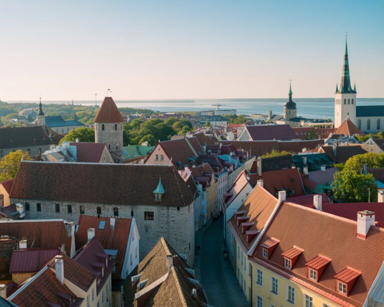 Bird's-eye view of a historic coastal town with red-tiled roofs, stone towers, and church spires against the sea horizon.