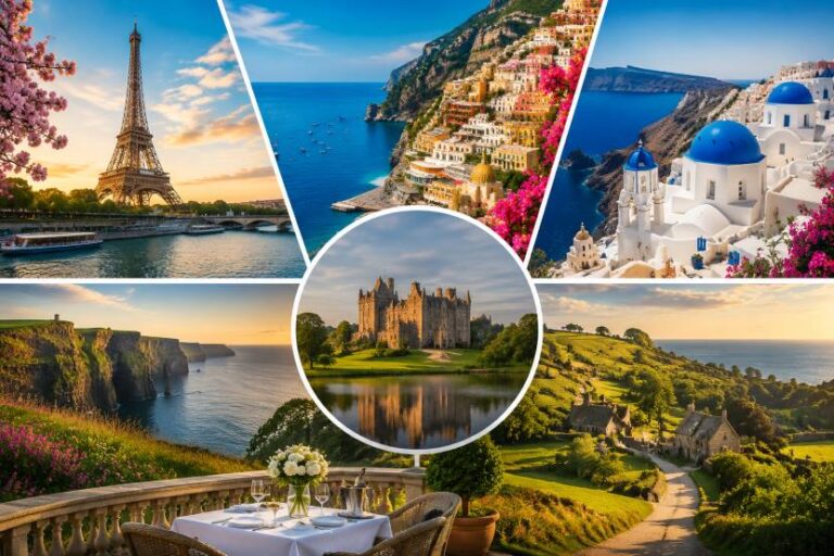 Collage of iconic travel scenes: Eiffel Tower in Paris, Amalfi Coast, Santorini blue-domed churches, a medieval castle, seaside village with green hills, and a romantic table setup.