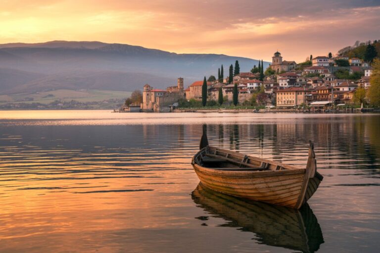 Wooden boat floating on calm lake at sunset, with a hillside village and mountains in the distance.