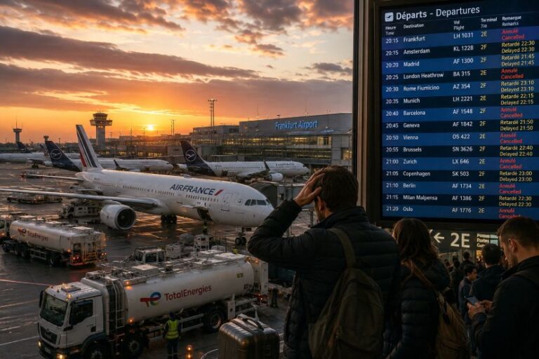Sunset at the airport with an Air France plane docked at a gate and passengers looking at a departures board nearby.