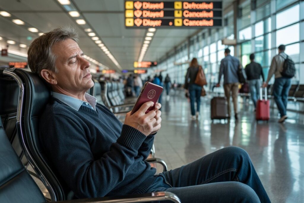 Man in a blue sweater sits in an airport lounge, focused on his phone as travelers walk by with luggage and a departures board looms above.