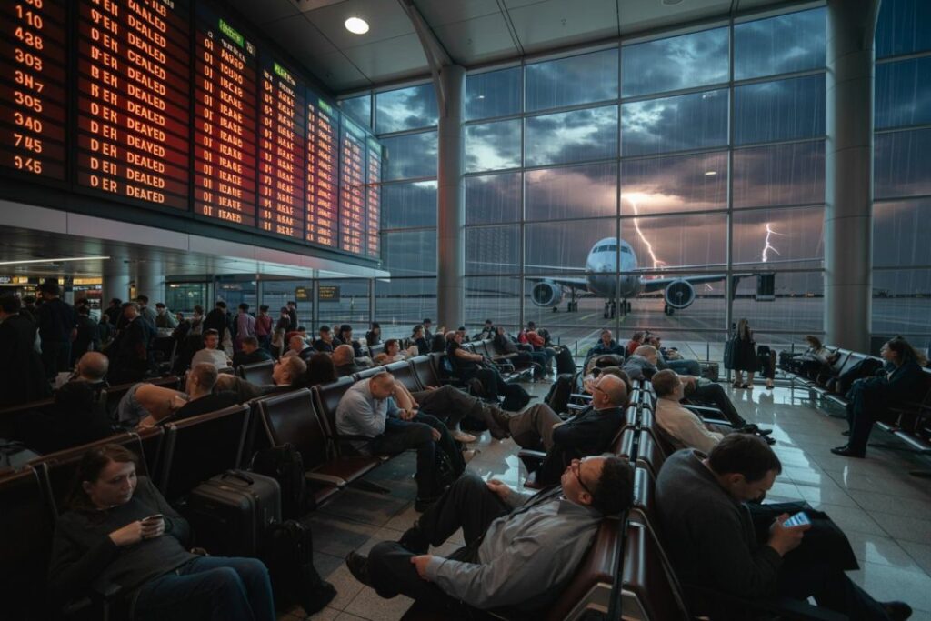 Busy airport lounge with travelers seated and a jet visible through large windows as lightning strikes outside.