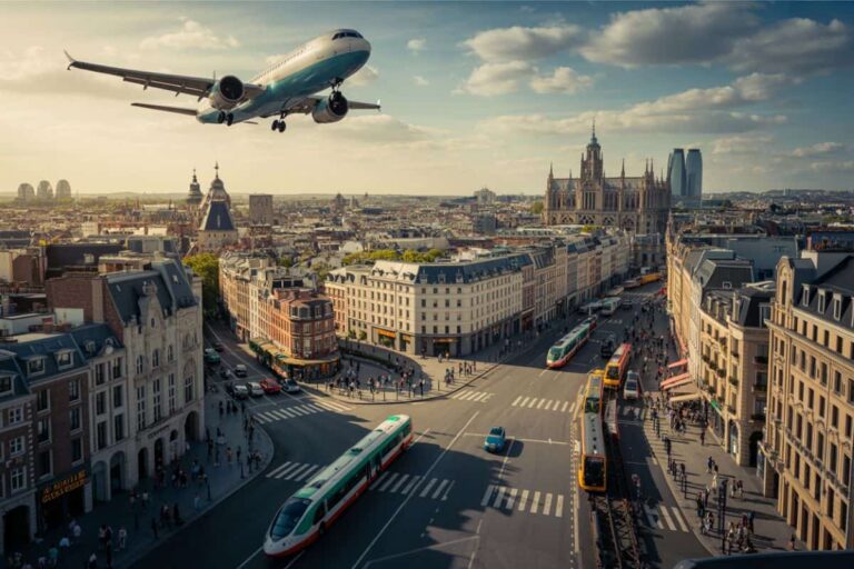 Airplane flying low over a busy city street with tram lines, cars and pedestrians below.