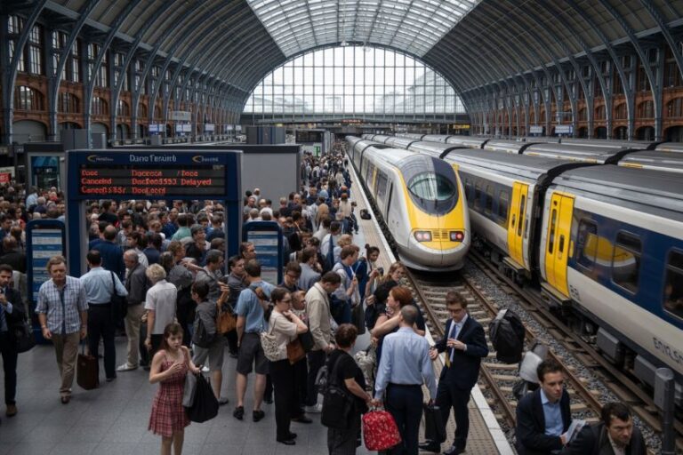 Crowded train platform with a sleek yellow-fronted high-speed train on the tracks and many passengers awaiting departure.