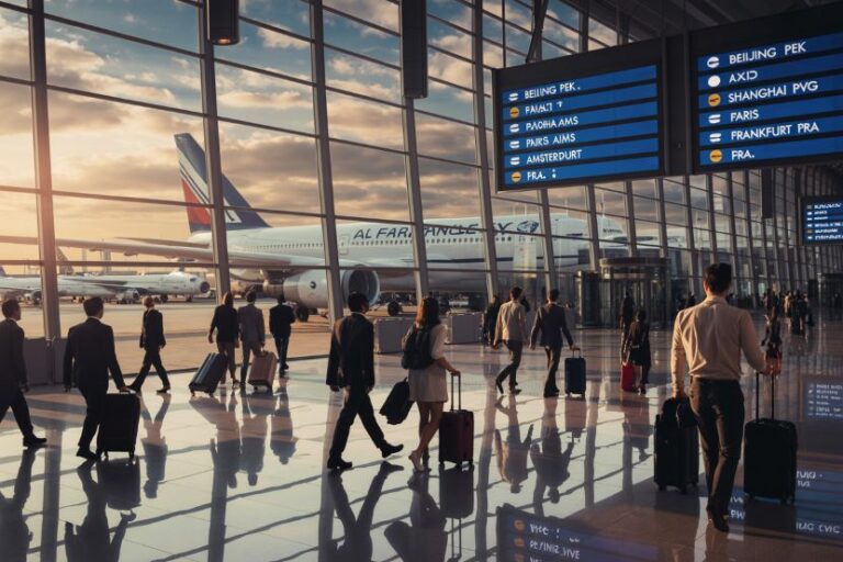 Busy airport terminal with passengers pulling wheeled suitcases toward a parked Air France plane and large departure boards overhead at sunset time.