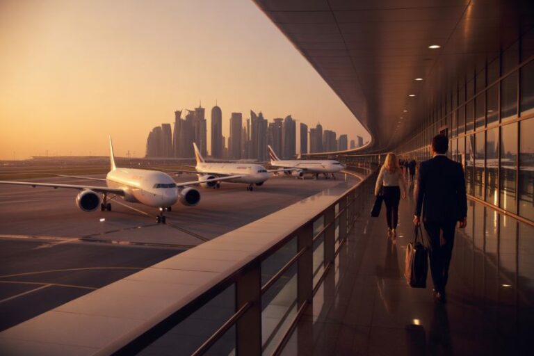 Jet bridge at sunset with parked airplanes on the tarmac and a distant city skyline.