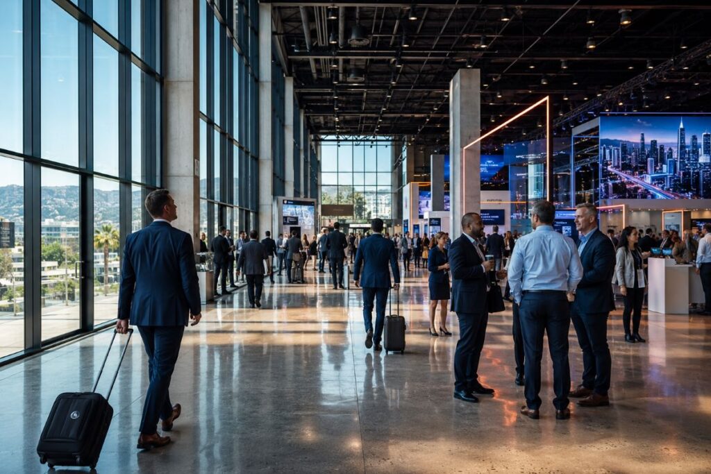 Business conference lobby with professionals in suits chatting near exhibits; large glass walls and city skyline screens.
