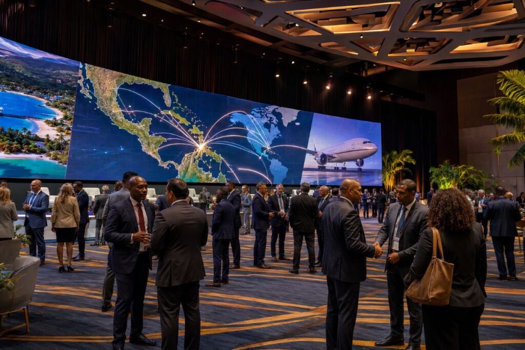 Business conference lobby with people networking in front of a large world-map display and airplane image paneled backdrop, chandellier ceiling.