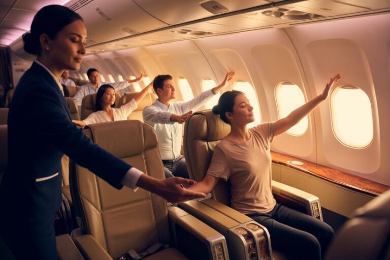 Flight attendant helping a passenger stretch with arms raised beside the window on a plane.