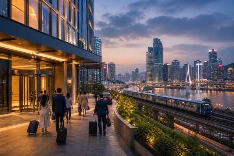 People with rolling suitcases walk along a modern hotel entrance at dusk, city skyline and bridge in the background across a river.