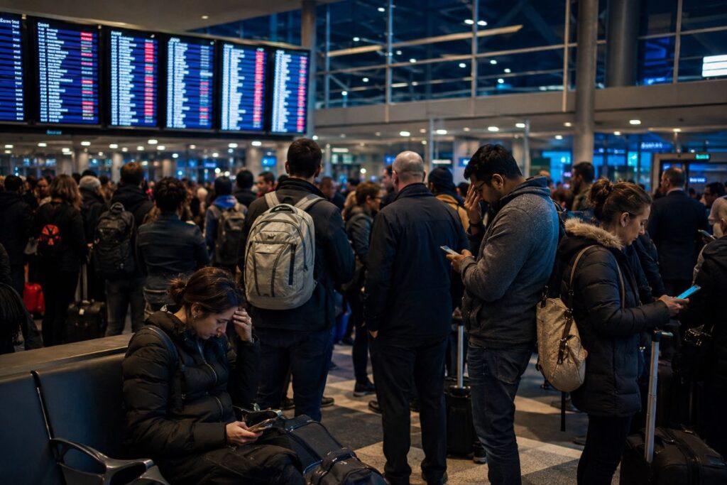 Crowded airport terminal with travelers, many backpacks and rolling suitcases, and large flight information boards overhead.