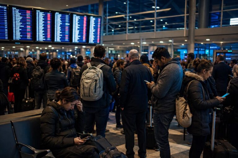 Crowded airport terminal with travelers, many backpacks and rolling suitcases, and large flight information boards overhead.