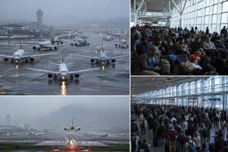 Collage of airport scenes: planes on a wet, foggy runway and crowded terminal areas with travelers waiting.