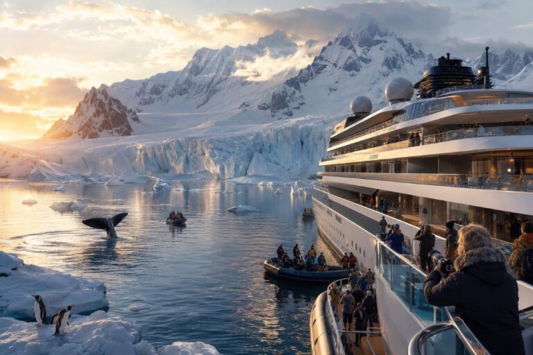 Large white cruise ship beside a frozen, glacier-filled harbor with tourists on the deck and a whale tail visible in the water nearby.