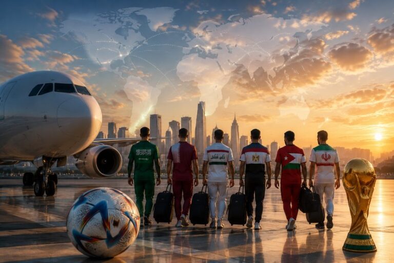 Seven international football players in national jerseys walk with luggage toward a parked airplane at sunset, a world map glow in the sky and a gold trophy on the right.