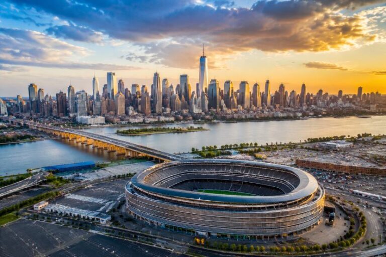 Aerial view of a circular stadium beside a wide river with a modern city skyline at sunset behind it.