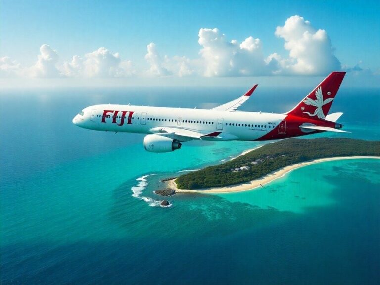 White Fly-branded passenger jet flying over turquoise ocean toward a sandy tropical island.