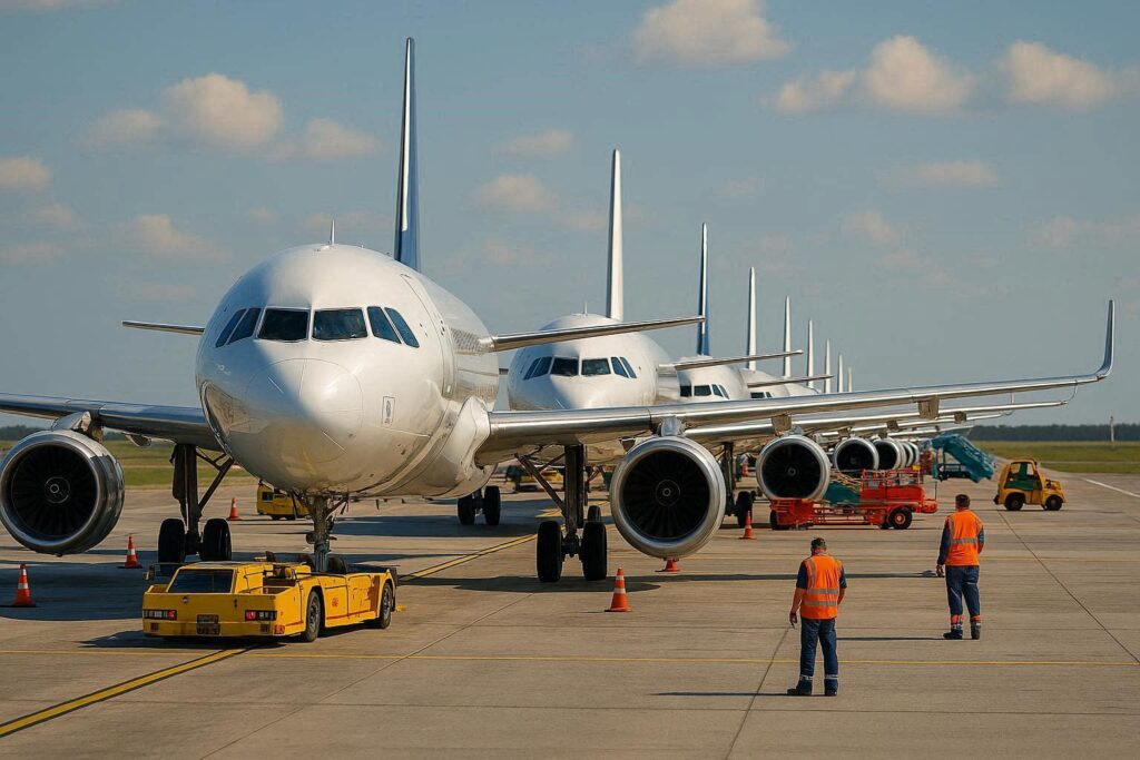 Row of large white passenger jets parked on a sunny tarmac, ground crew in orange vests near a yellow pushback vehicle.
