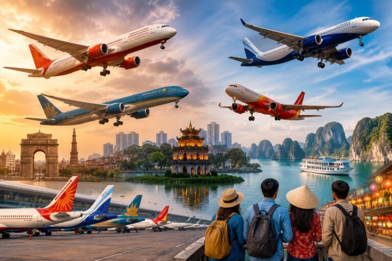 Group of travelers watching several airplanes take off over a harbor city with boats and limestone islands in the background.