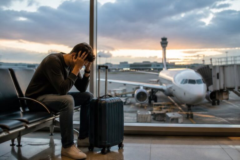Man sits in an airport terminal with his head in his hands beside a rolling suitcase, a plane visible at the gate outside the window.