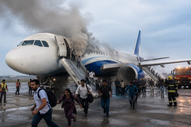 Passengers evacuate a smoke-filled commercial airplane on the runway as firefighters approach behind them, indicating an emergency scenario.