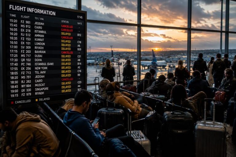 Airport departure hall with a large flight information board and travelers seated with suitcases, sunset over the tarmac.