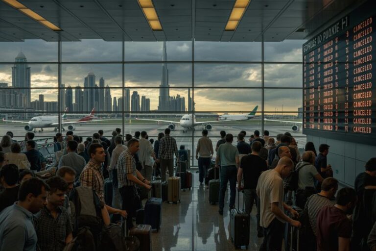 Busy airport terminal with passengers waiting and luggage, planes on the tarmac visible through large windows, and a flight status board showing 'CANCELLED'.