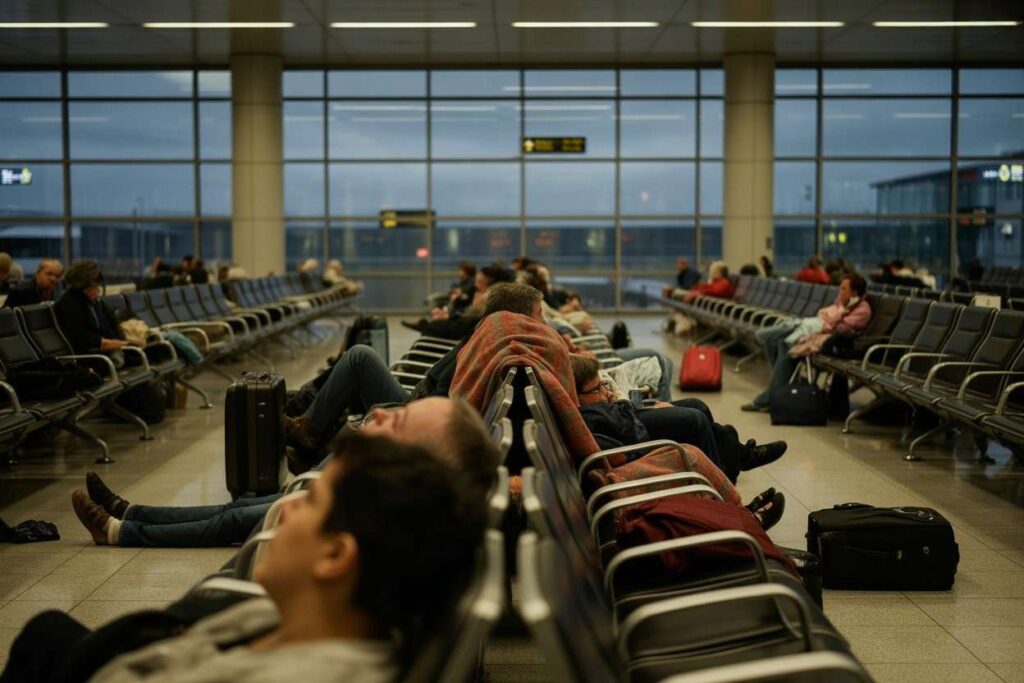 People waiting in an airport terminal, some reclining on row seats with suitcases nearby and bags on the floor.