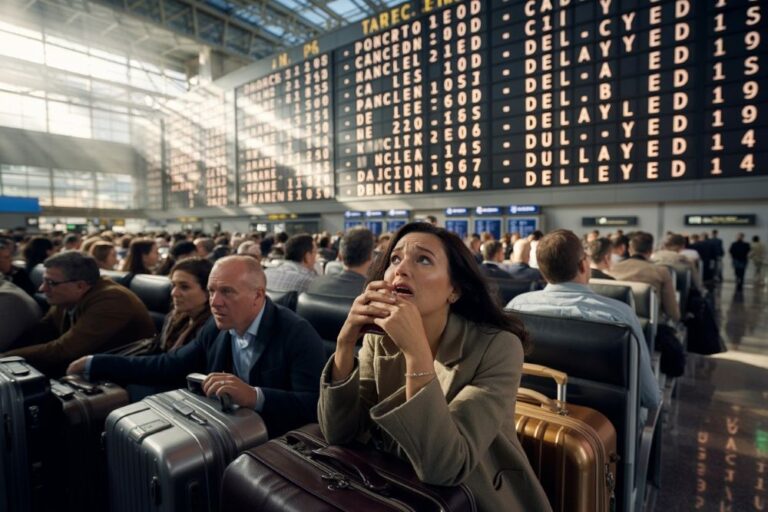 Anxious woman sits among suitcases at an airport terminal in front of a large departure board in the background.