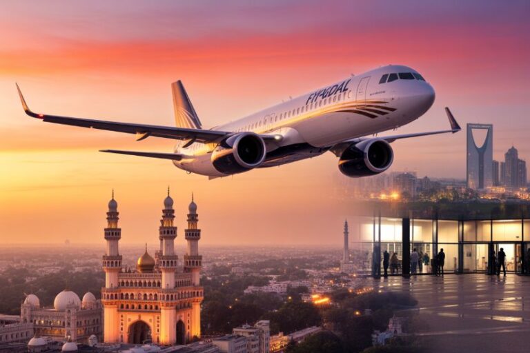 Airplane flying over a city at sunset with a mosque in the foreground and a glass-walled terminal.