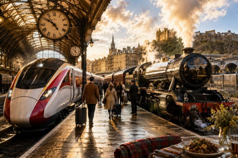 Busy train platform with a modern high-speed train on the left and a steaming steam locomotive on the right, passengers with luggage nearby.