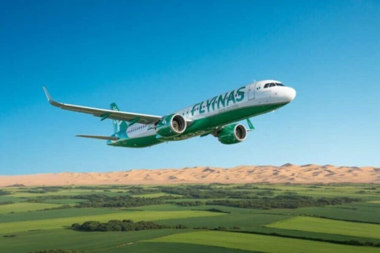 Green passenger airplane in flight over a patchwork of green fields with a sandy desert horizon and a clear blue sky.