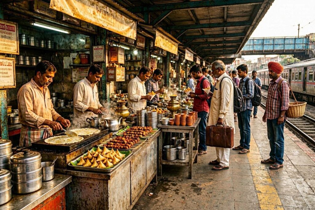 Cooks grilling and frying Indian breads and snacks at a platform stall while travelers queue with luggage near a train railing.