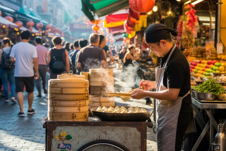 Street food vendor at a crowded market, stacking bamboo steamers and cooking dumplings at a cart.
