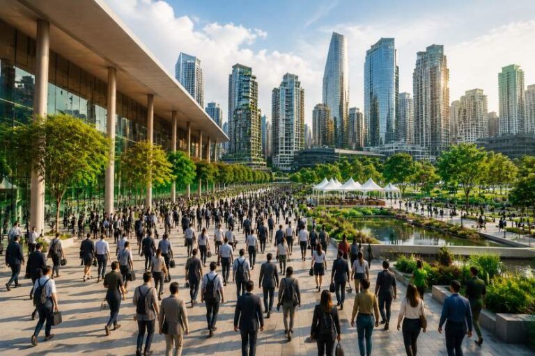Crowd of people walking along a modern city park with tall glass buildings in the background.