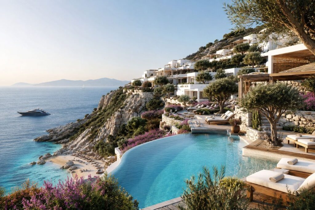 Resort hillside with white terraced suites, an infinity pool, and lounge chairs overlooking the blue sea, with a boat in the distance.