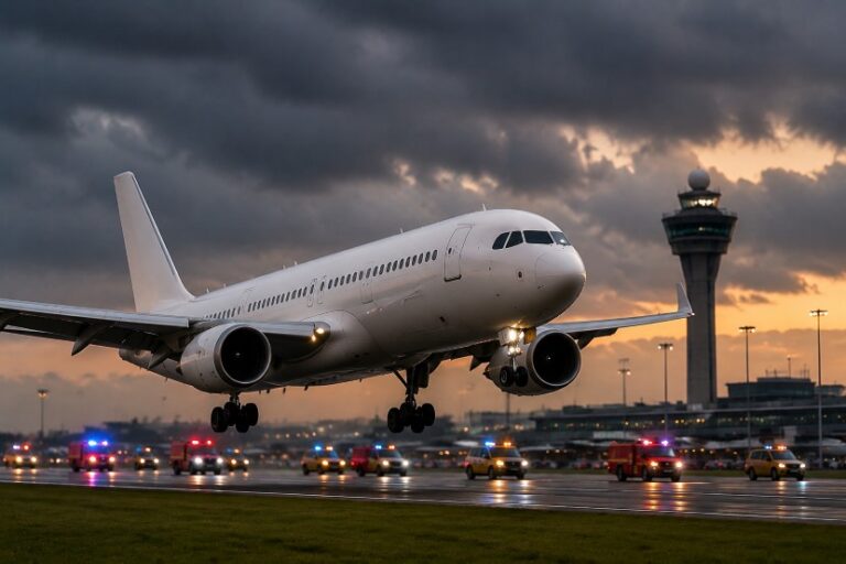 Airplane lifting off the runway at sunset with a control tower and emergency vehicles in the background.
