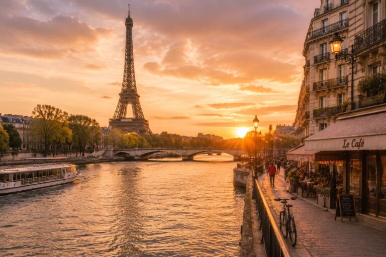Sunset over the Seine River with the Eiffel Tower in the distance, a bridge, and a café-lined quay on the right.