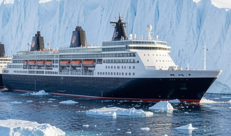 Large cruise ship sailing among ice floes with a blue glacier wall in the background.