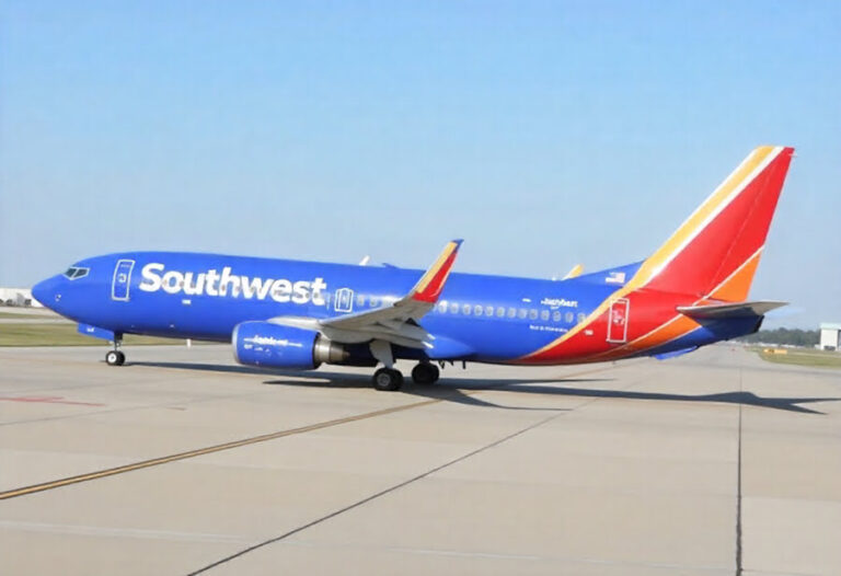 Southwest Airlines blue passenger jet taxiing on the airport tarmac with colorful tail design