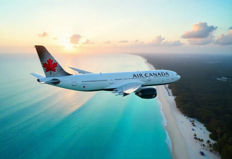 Air Canada passenger jet flying over a turquoise ocean and white-sand coastline at sunset.