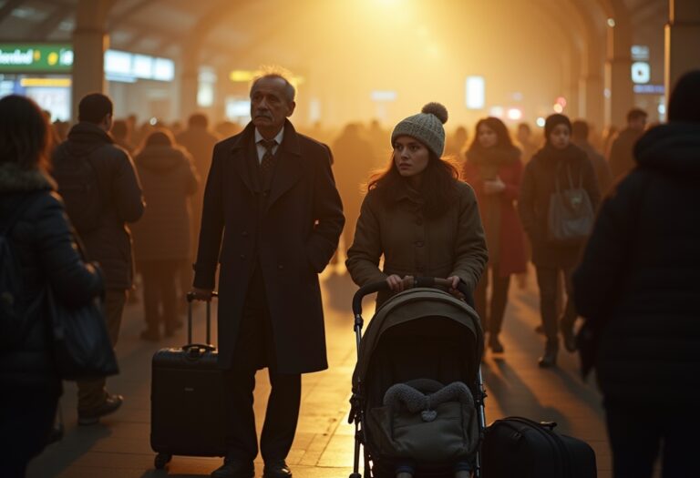 Older man in a dark overcoat and a young woman in a knit hat push a stroller through a crowded train station bathed in warm orange light at sunset.