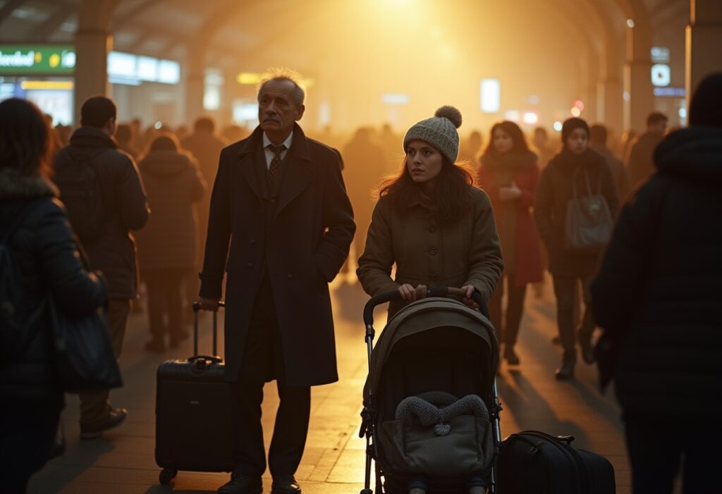 Older man in a dark overcoat and a young woman pushing a baby stroller walk through a crowded train station bathed in warm, golden light behind them.