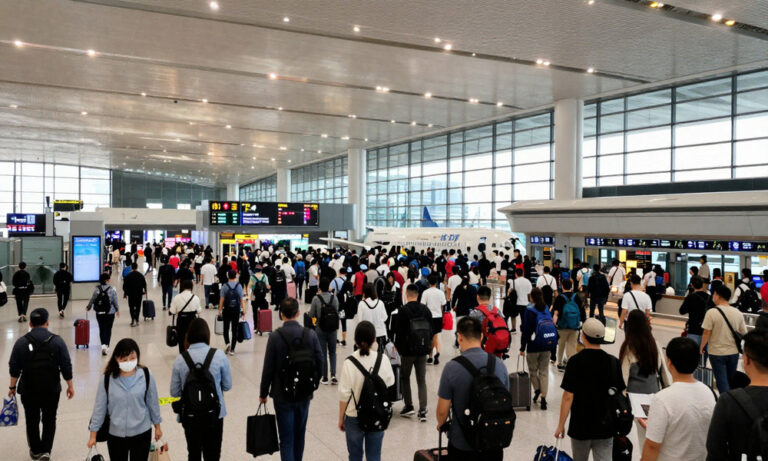Crowded airport terminal with travelers carrying bags, a large airplane visible through the windows in the background.