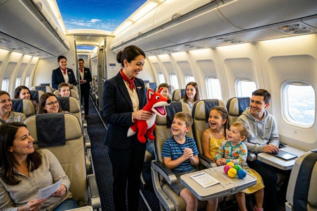Flight attendant in uniform entertains smiling children in the plane cabin, holding a red fox plush toy.