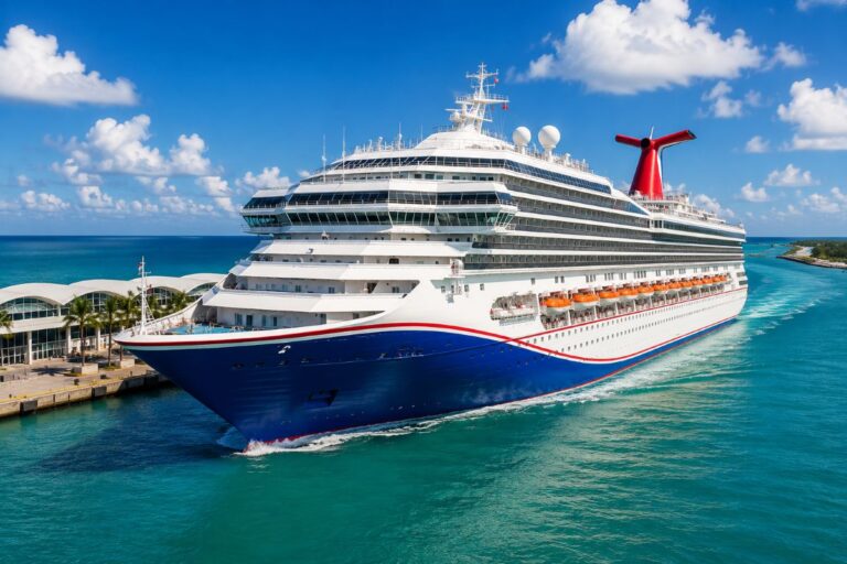 Large white and blue cruise ship docked at a sunny tropical port, red funnel visible, with orange lifeboats along the side.