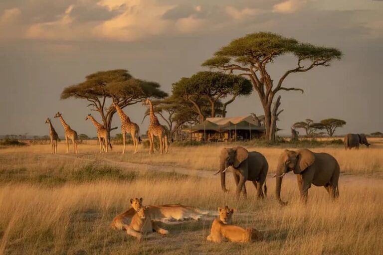 Savannah campsite at sunset with giraffes, elephants, and two lounging lions near a thatched tent and acacia trees.