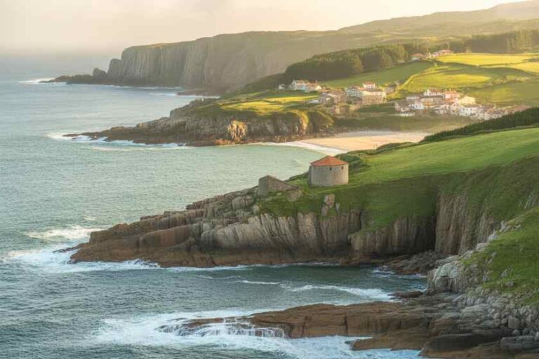 Coastal cliffs and a small village on rolling green fields by the sea, with a round stone tower on the cliff edge.
